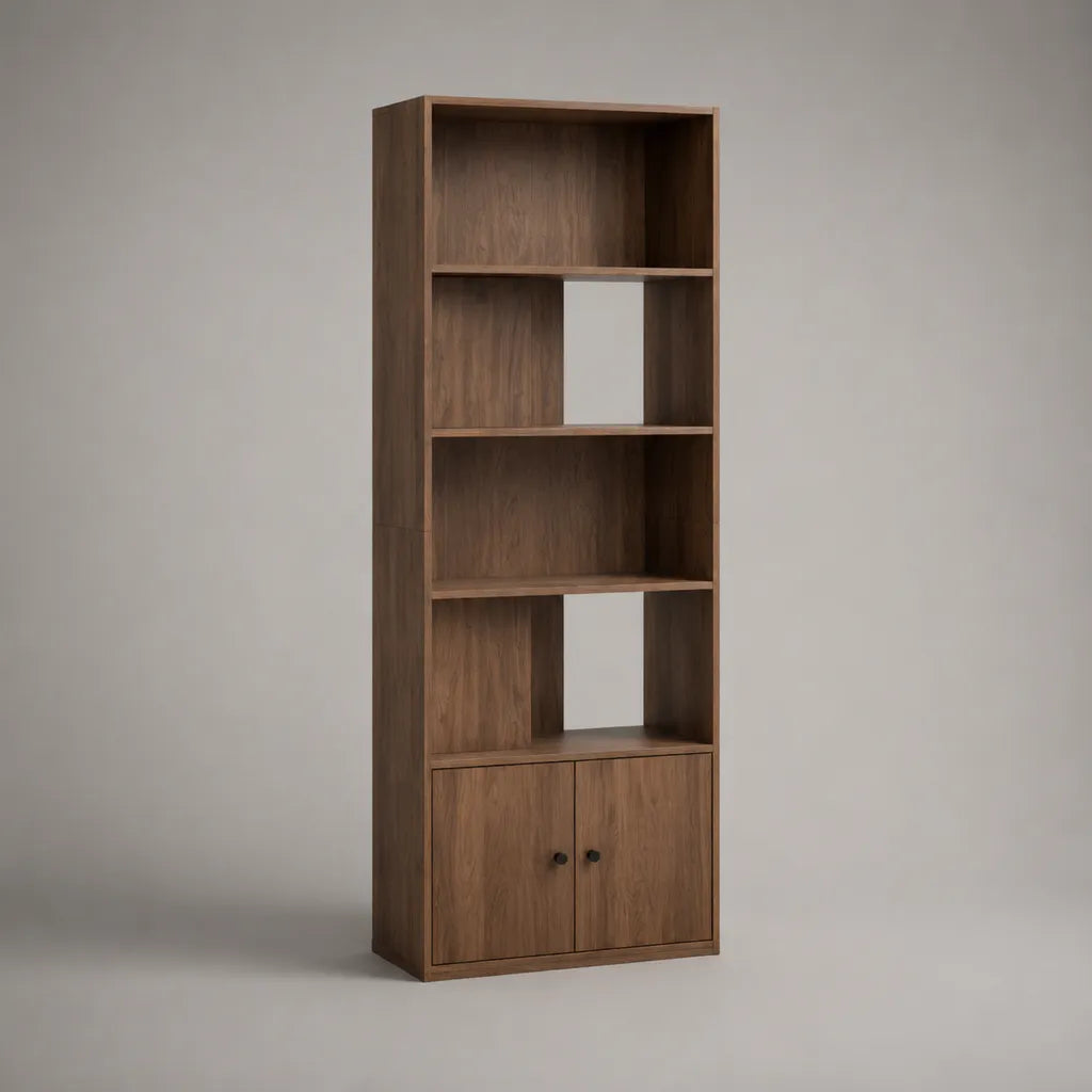 Bücherregal mit Schrankfach aus melaminbeschichteter Spanplatte, Walnussbraun und Schwarz, 60 × 30 × 180 cm