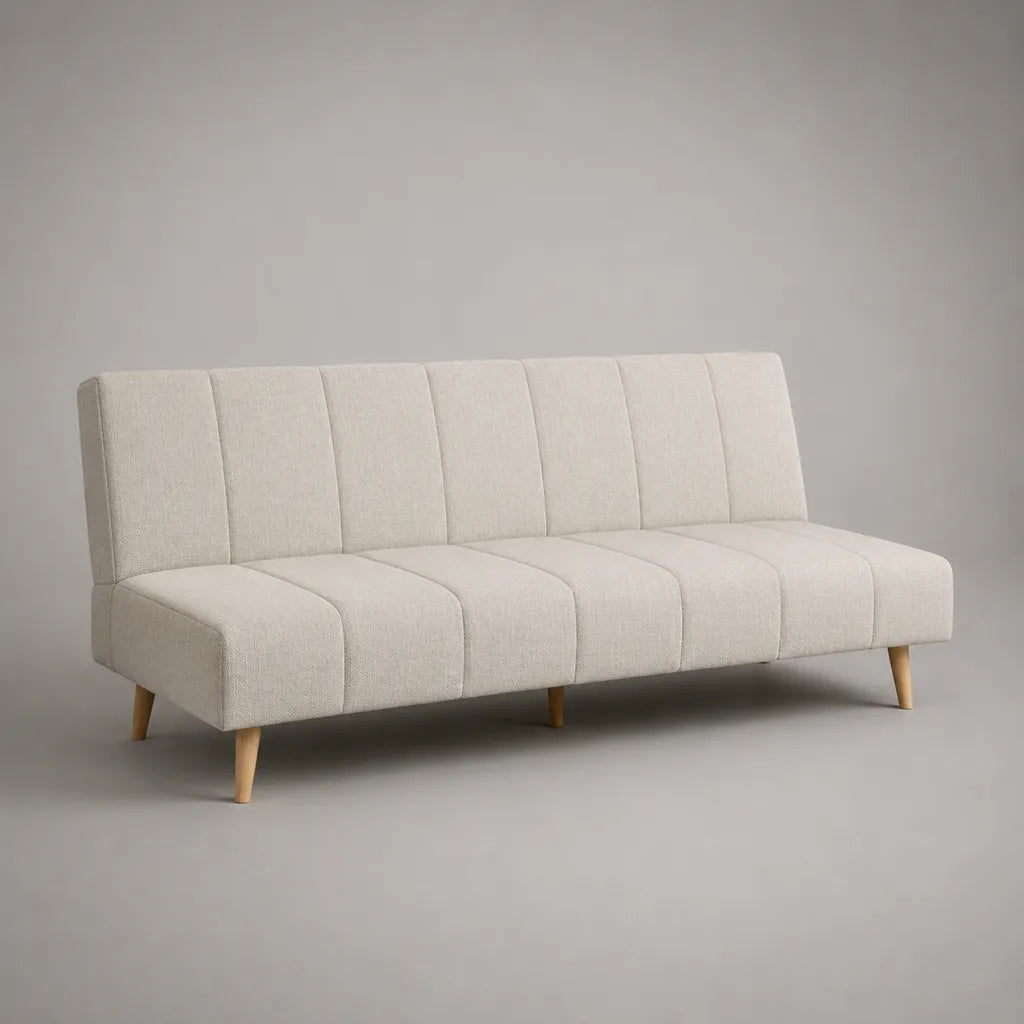 Klappbares 3-Sitzer-Schlafsofa mit Polyester-Strukturgewebe und Massivholzfüßen, Hellbeige, 180 × 83 × 80 cm