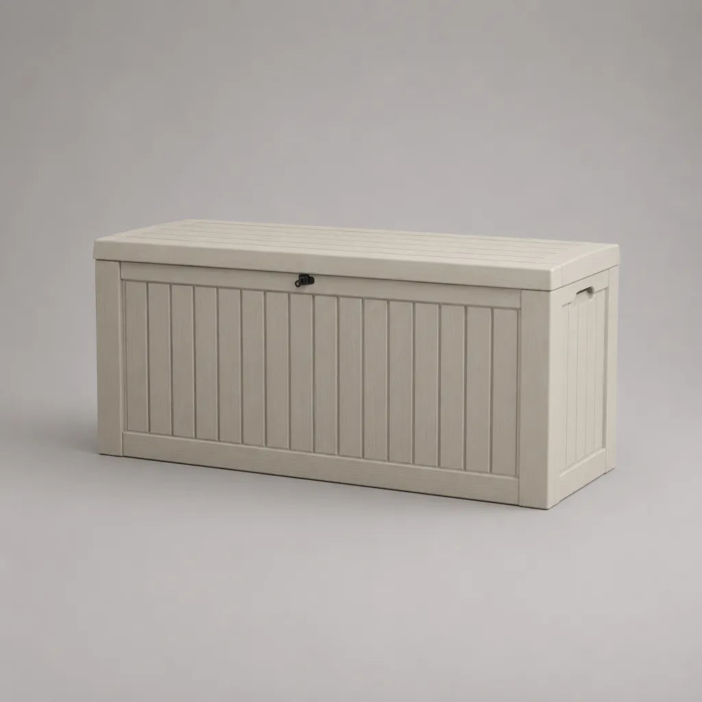 Garten-Aufbewahrungsbox aus Kunststoff, 280 l, Beige/Schwarz, 120 × 55 × 60 cm, mit Klappdeckel
