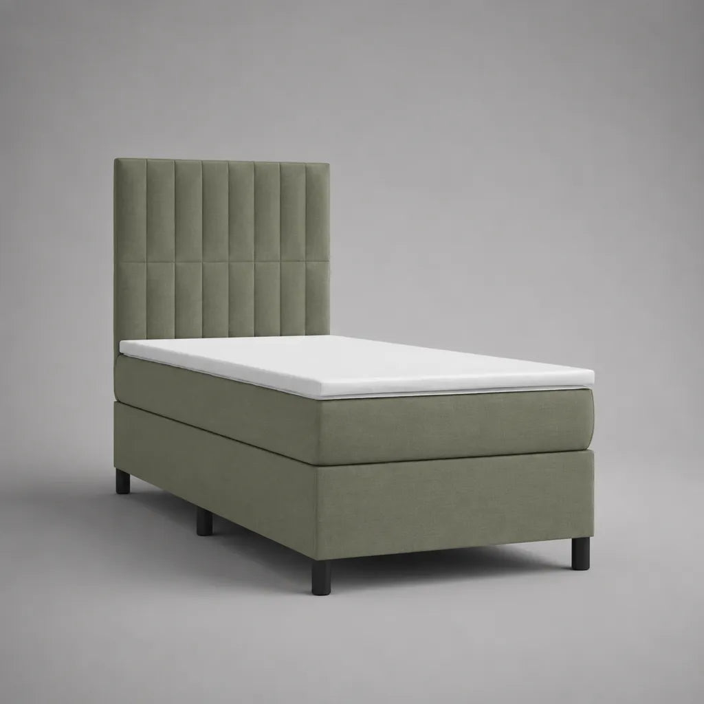 Boxspringbett mit Matratze und Topper, Polyester-Veloursbezug, Salbeigrün, Liegefläche 90 x 200 cm, Gesamtmaß 100 x 210 x 120 cm