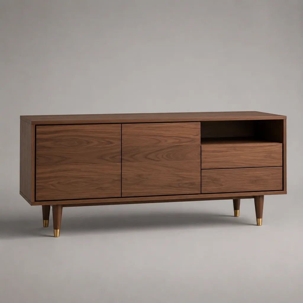 TV-Lowboard aus MDF mit Walnussfurnier, 2 Türen, 2 Schubladen, Braun/Messingfarben, 160 × 40 × 75 cm