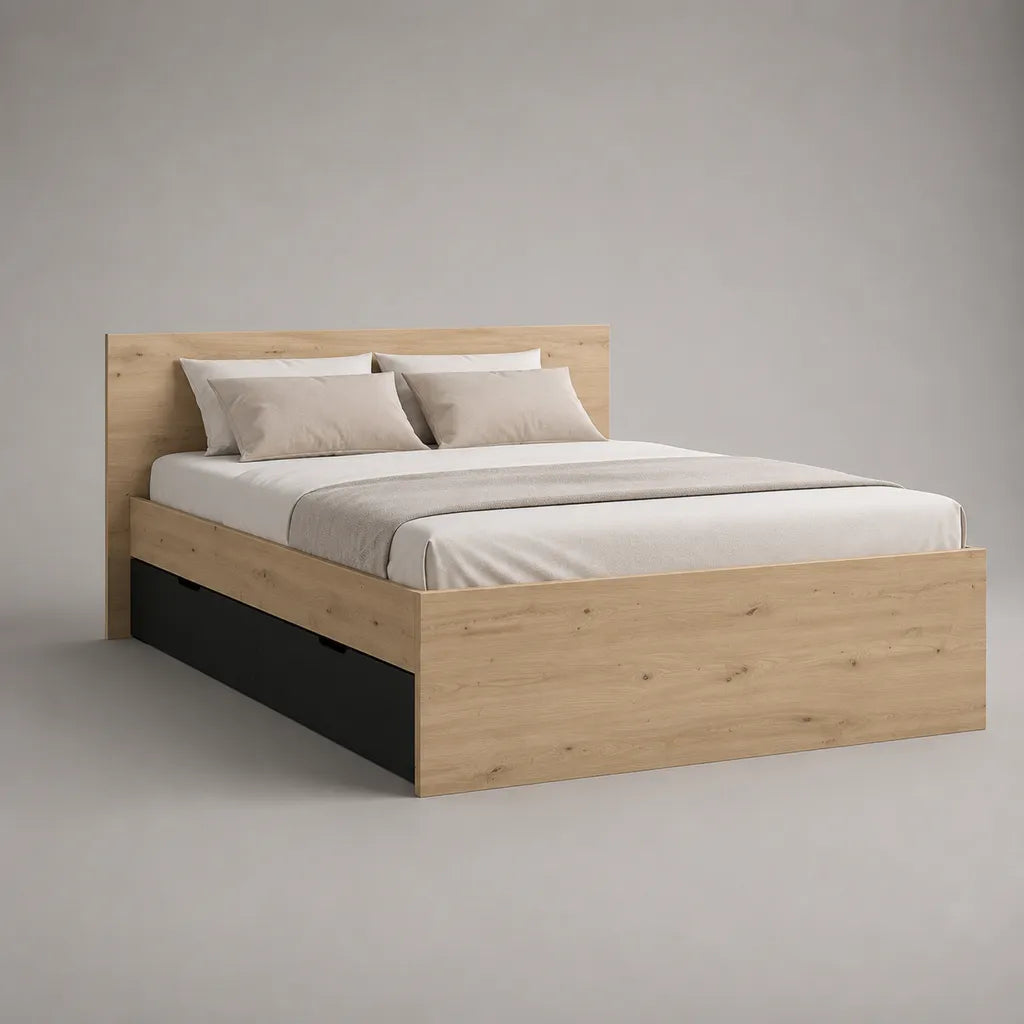 Stauraumbett Doppelbett mit 2 Schubladen aus Holzwerkstoff, Eiche natur/Schwarz, Liegefläche 160 × 200 cm, Gesamtmaß 208 × 166 × 100 cm