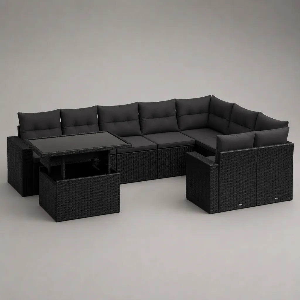 10-teilige L-förmige Garten-Sitzgruppe aus PE-Rattan mit Esstisch und 3 Hockern, Schwarz/Anthrazit, 260 x 200 x 74 cm