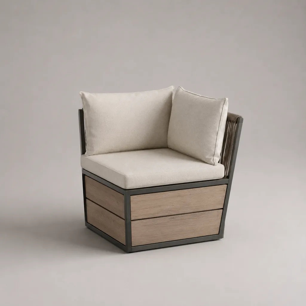 Gartensofa-Eckmodul aus Aluminium und WPC mit Polyesterkissen, Anthrazit, Beige und Naturbraun, 82 x 82 x 76 cm