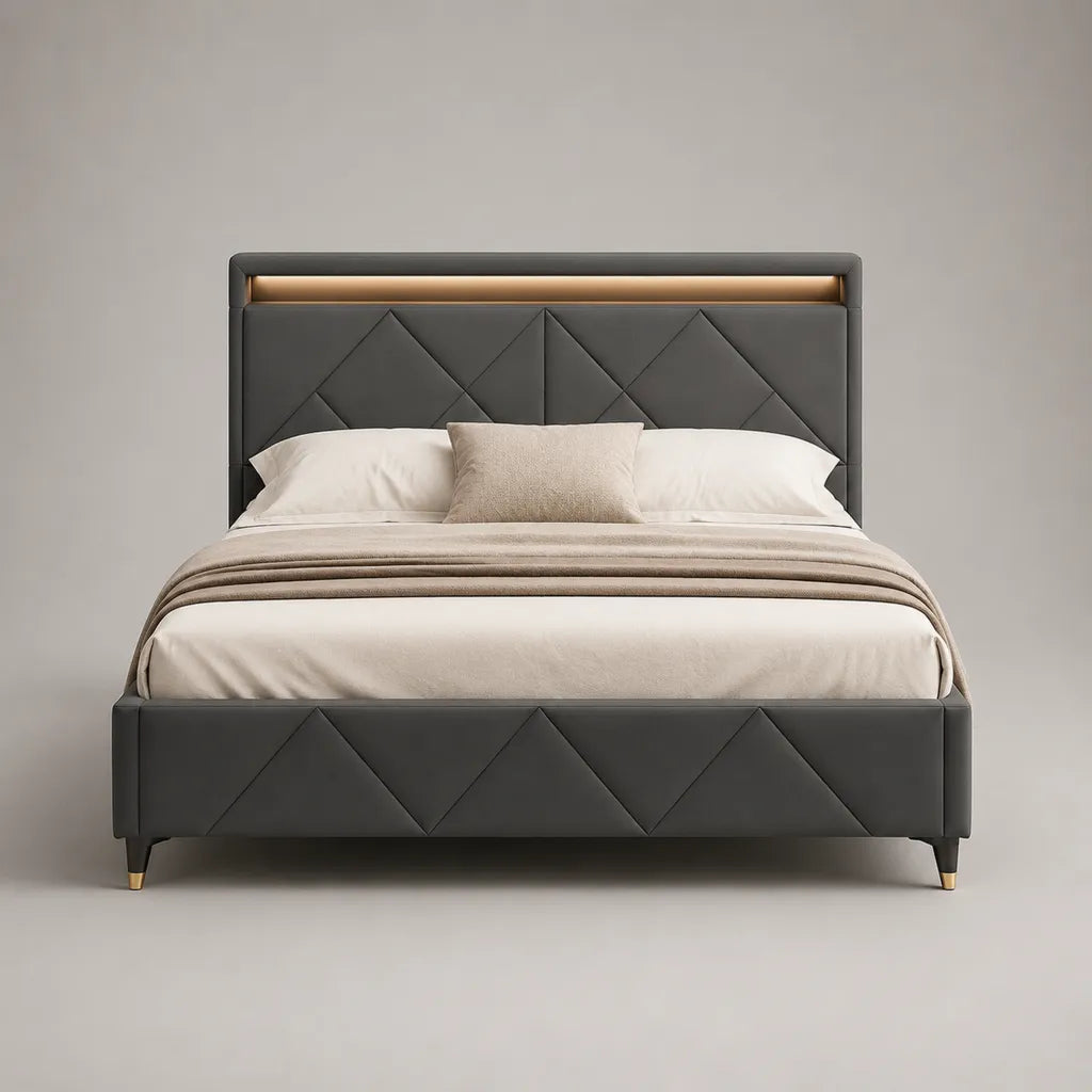 Doppelbett-Polsterbett aus PU-Kunstleder mit LED-Beleuchtung, Dunkelgrau/Goldfarben, Liegefläche 160 × 200 cm, Außenmaß 216 × 171 × 120 cm