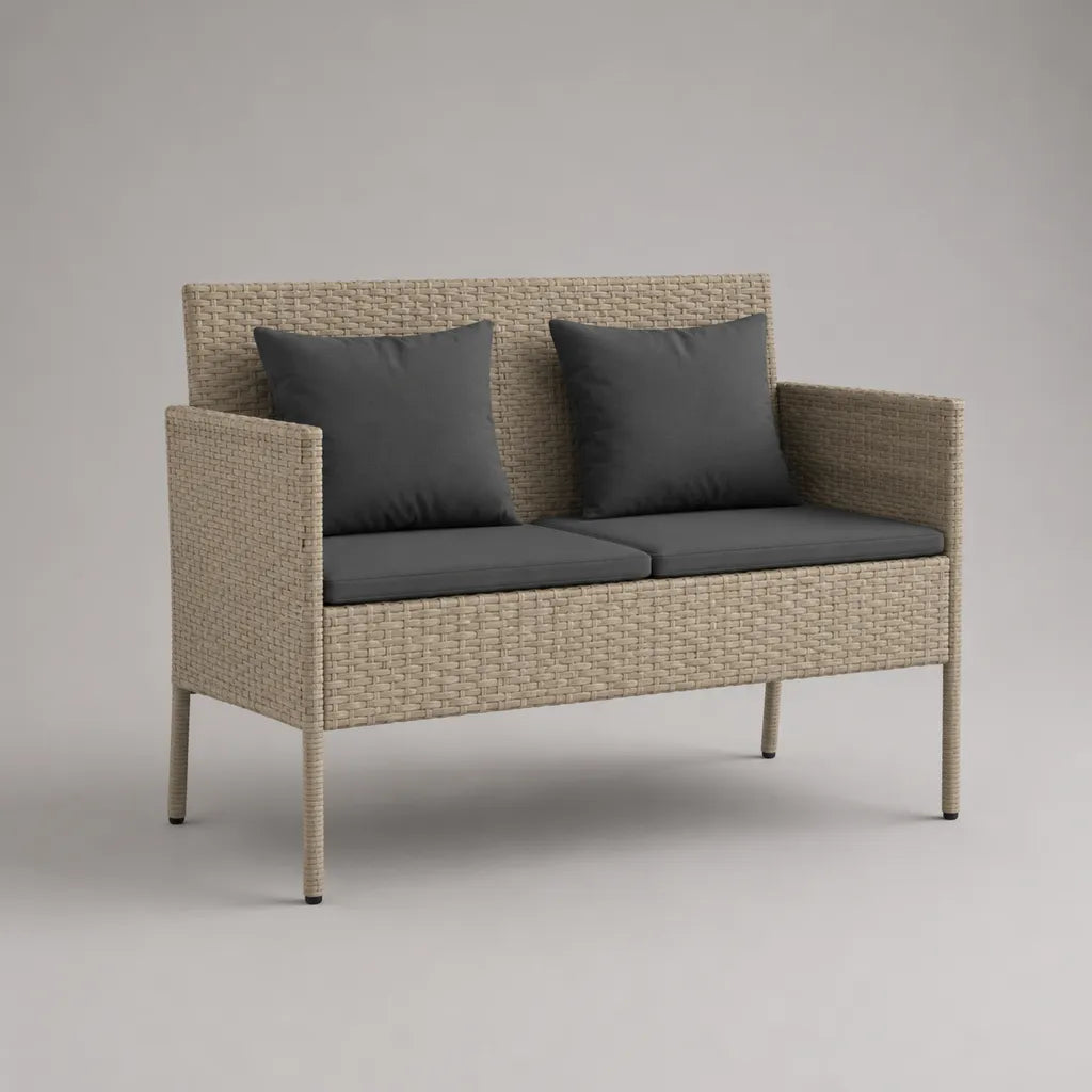 2-Sitzer-Gartenbank aus PE-Rattan und Stahl mit 2 Sitzpolstern und 2 Rückenkissen, Beige/Anthrazit, 115 × 60 × 84 cm