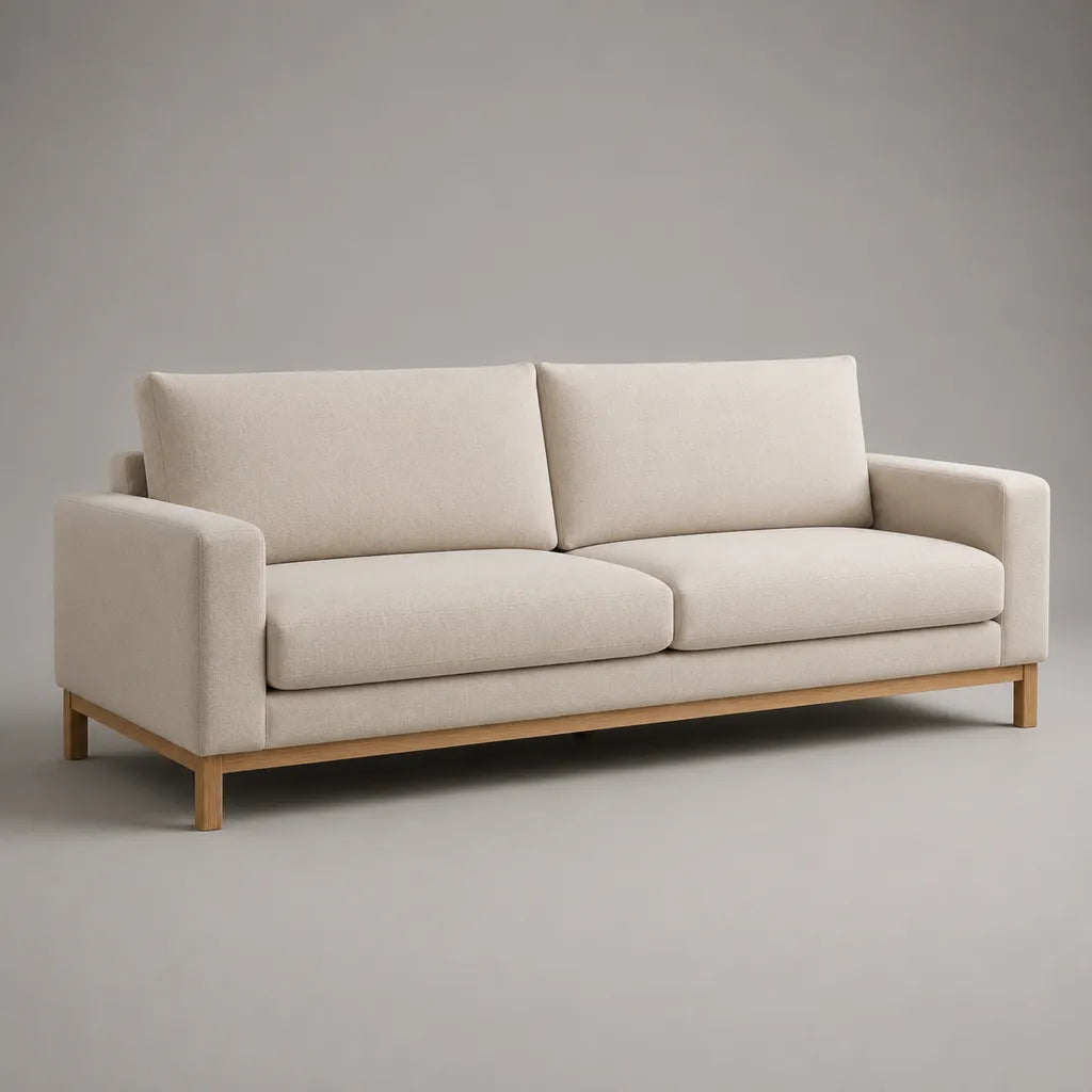3-Sitzer-Sofa mit Polyesterbezug und Massivholzgestell, Creme/Hellbraun, 210 × 90 × 84 cm