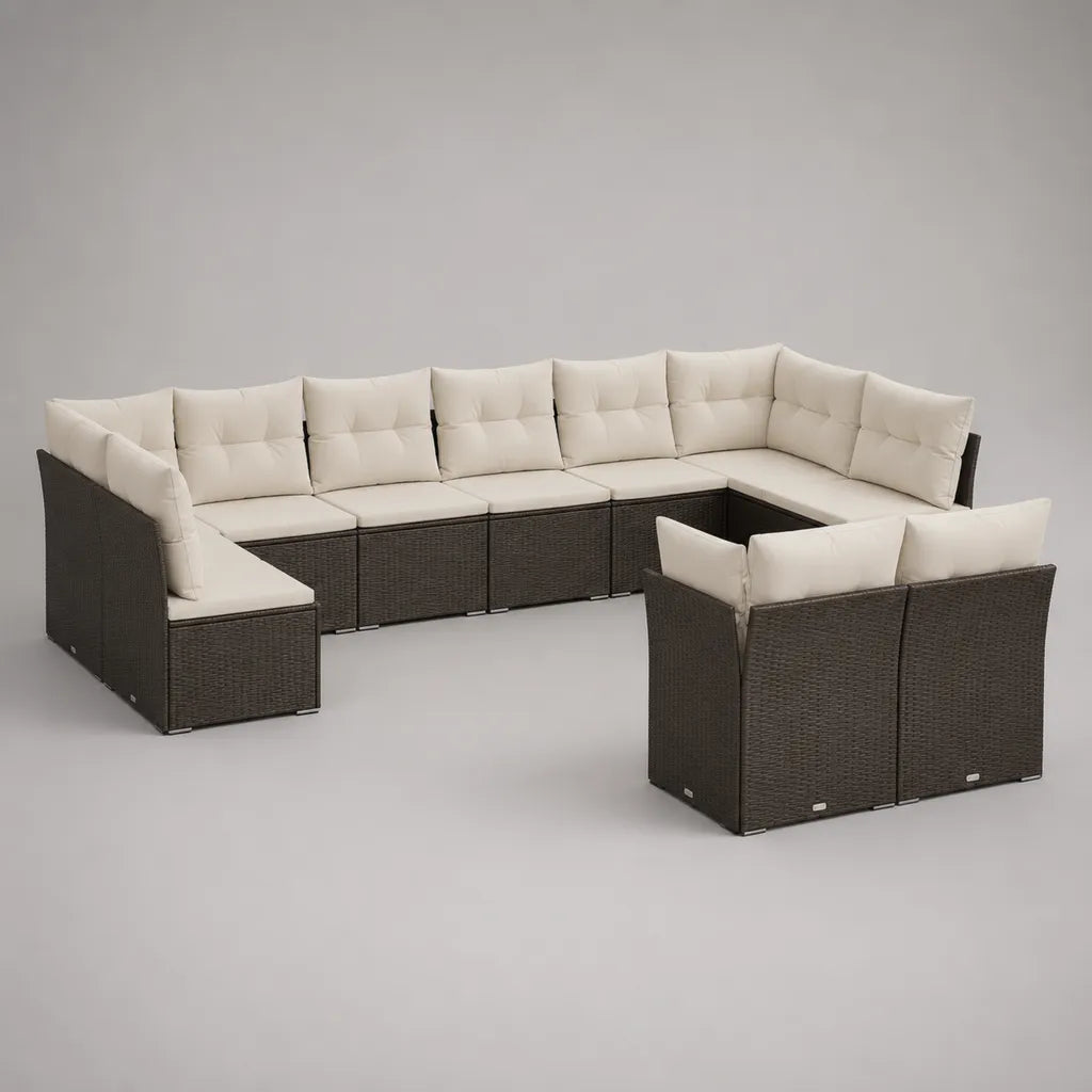 10-teiliges Gartensofa-Set in U-Form aus PE-Rattan und Stahl, Braun/Creme, ca. 340 × 210 × 75 cm