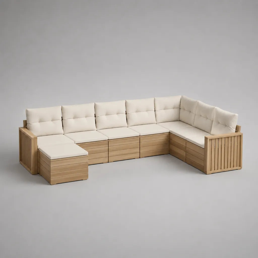 Gartensofa-Set aus massivem Akazienholz mit Polyesterkissen, U-Form, Natur/Beige, 300 × 220 × 75 cm