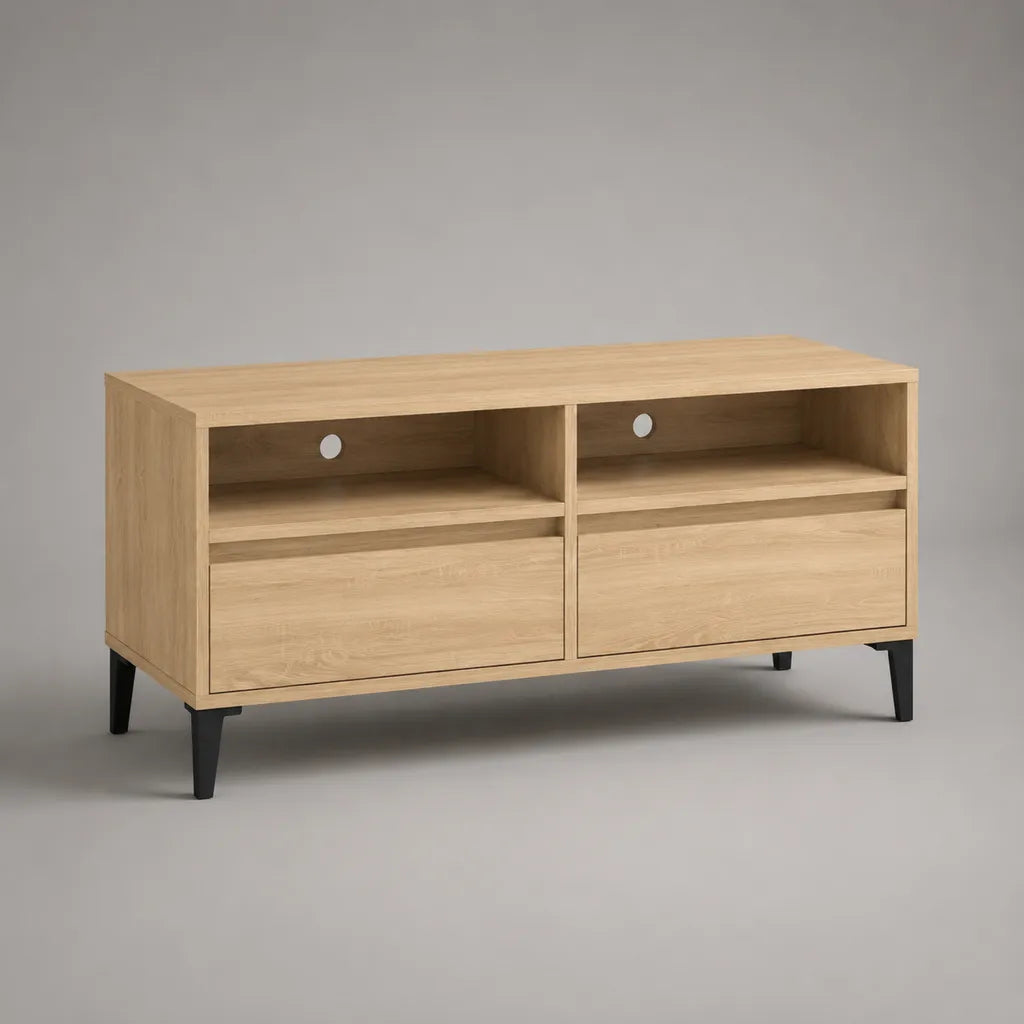 TV-Lowboard aus Spanplatte mit 2 Schubladen, 2 offenen Fächern und Stahlbeinen, Eichefarben Hellbraun/Schwarz, 120 × 40 × 70 cm