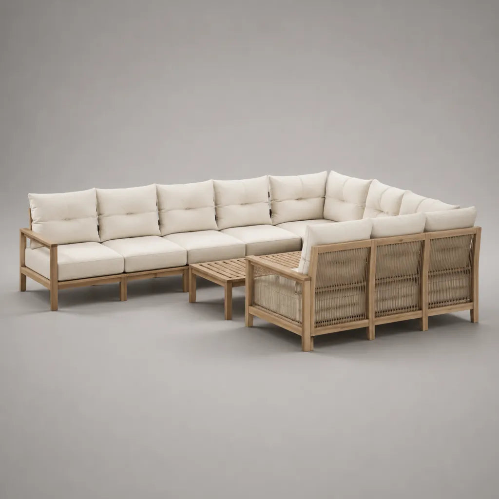9-teilige Gartenlounge in U-Form aus Akazienmassivholz mit Seilgeflecht und Polsterauflagen, Natur/Beige/Creme, 330 × 220 × 78 cm