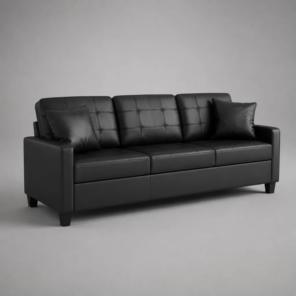 3-Sitzer-Sofa mit 2 Kissen aus PU-Kunstleder, Schwarz, 190 x 82 x 84 cm