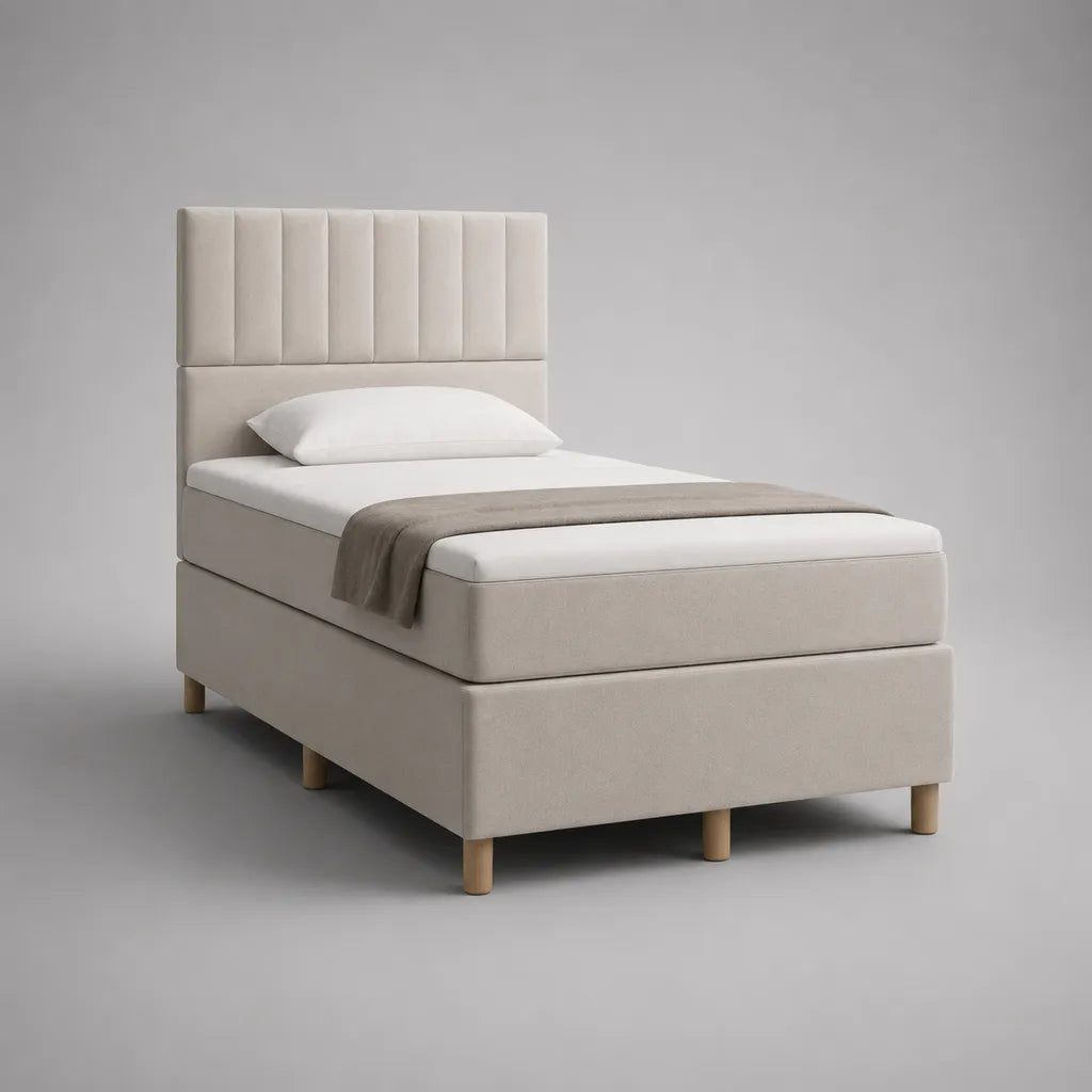 Boxspringbett 90 x 200 cm mit Matratze, Topper und gepolstertem Kopfteil, Polyester, Beige