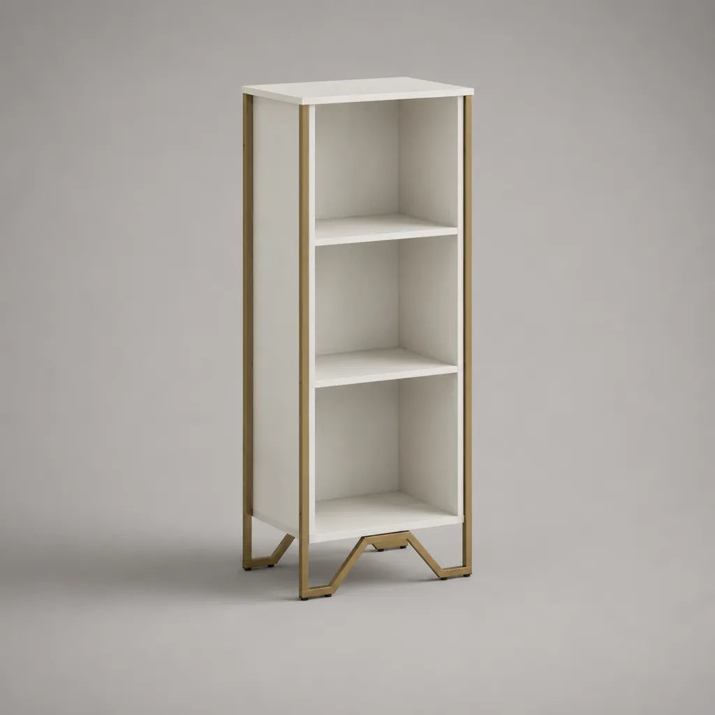Bücherregal mit 3 offenen Fächern aus melaminbeschichteten MDF-Platten und Stahl, Weiß/Goldfarben, 40 × 30 × 110 cm