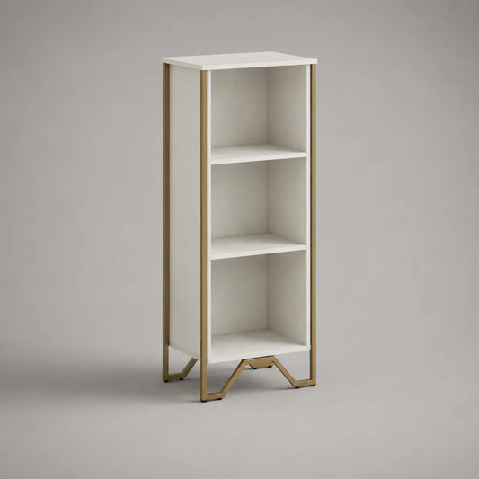 Bücherregal mit 3 offenen Fächern aus melaminbeschichteten MDF-Platten und Stahl, Weiß/Goldfarben, 40 × 30 × 110 cm