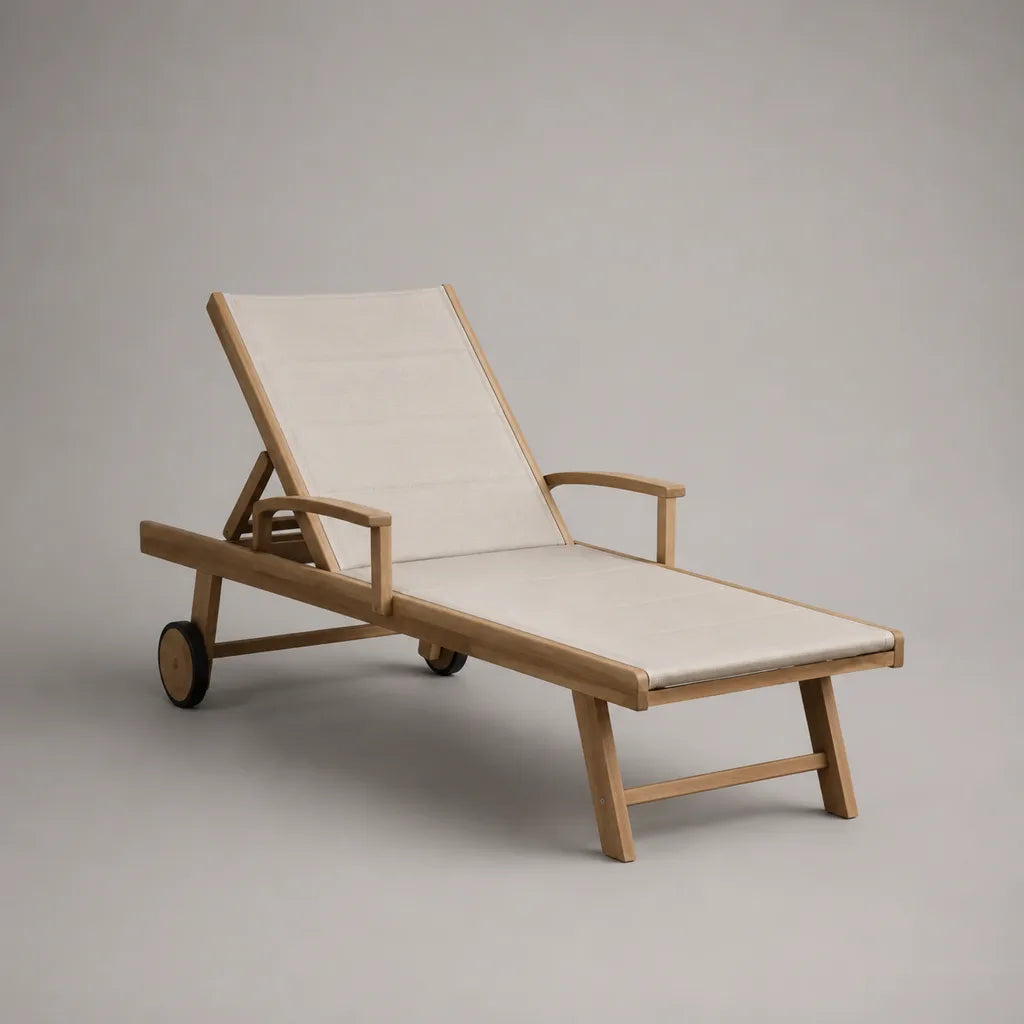 Gartenliege aus massivem Akazienholz und Polyestergewebe mit verstellbarer Rückenlehne und Rollen, Natur/Creme, 200 × 68 × 95 cm
