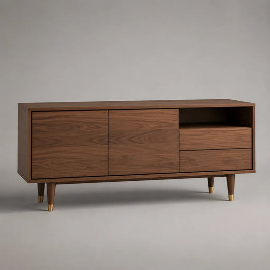 TV-Lowboard aus MDF mit Walnussfurnier, 2 Türen, 2 Schubladen, Braun/Messingfarben, 160 × 40 × 75 cm