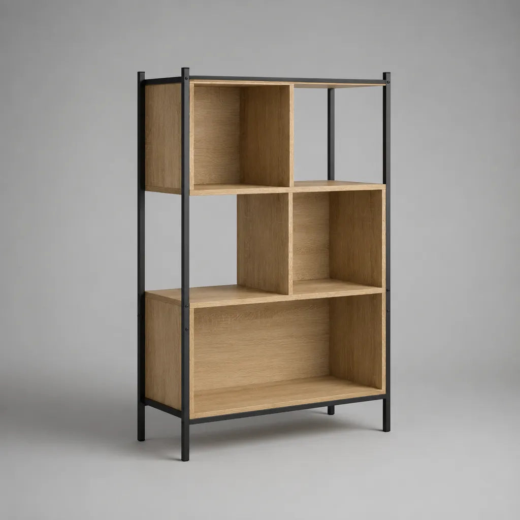 Bücherregal Standregal aus melaminbeschichteter Spanplatte und Stahl, Eichefarben/Schwarz, 80 × 35 × 140 cm