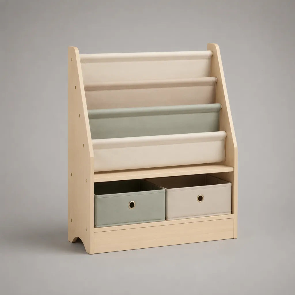 Kinderbücherregal aus Holz mit 4 Stofffächern und 2 Aufbewahrungsboxen, 80 × 30 × 100 cm, Natur, Beige und Salbeigrün