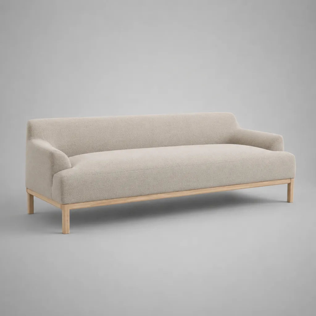 3-Sitzer-Sofa mit Polyester-Bouclébezug und Buchenmassivholzgestell, Creme/Natur, 210 × 86 × 78 cm
