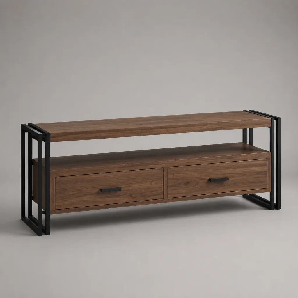 TV-Lowboard aus Spanplatte und Stahl mit 2 Schubladen und Ablagefach, Walnussbraun und Schwarz, 140 × 40 × 60 cm