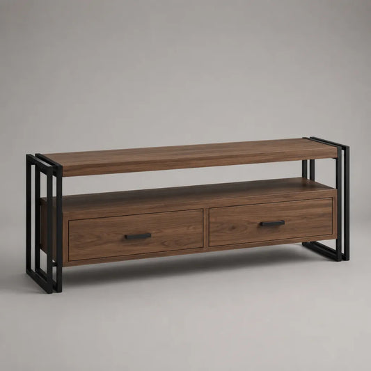 TV-Lowboard aus Spanplatte und Stahl mit 2 Schubladen und Ablagefach, Walnussbraun und Schwarz, 140 × 40 × 60 cm