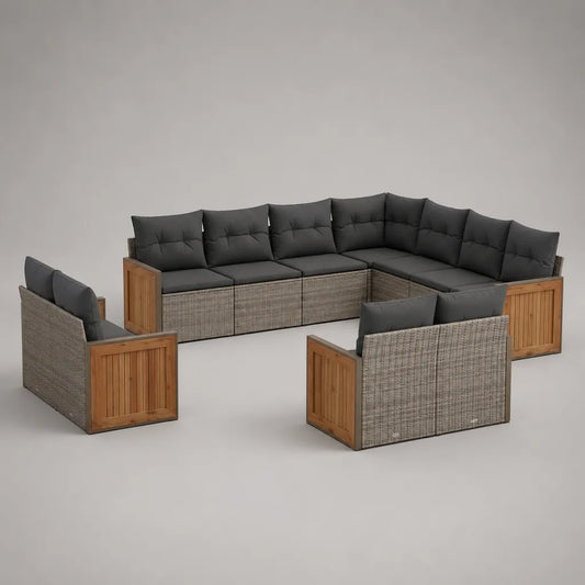 3-teiliges Garten-Loungeset, 9-Sitzer mit Ecksofa aus PE-Rattan, Stahl und Akazien-Massivholz, 280 x 220 x 78 cm, Anthrazit/Grau/Braun