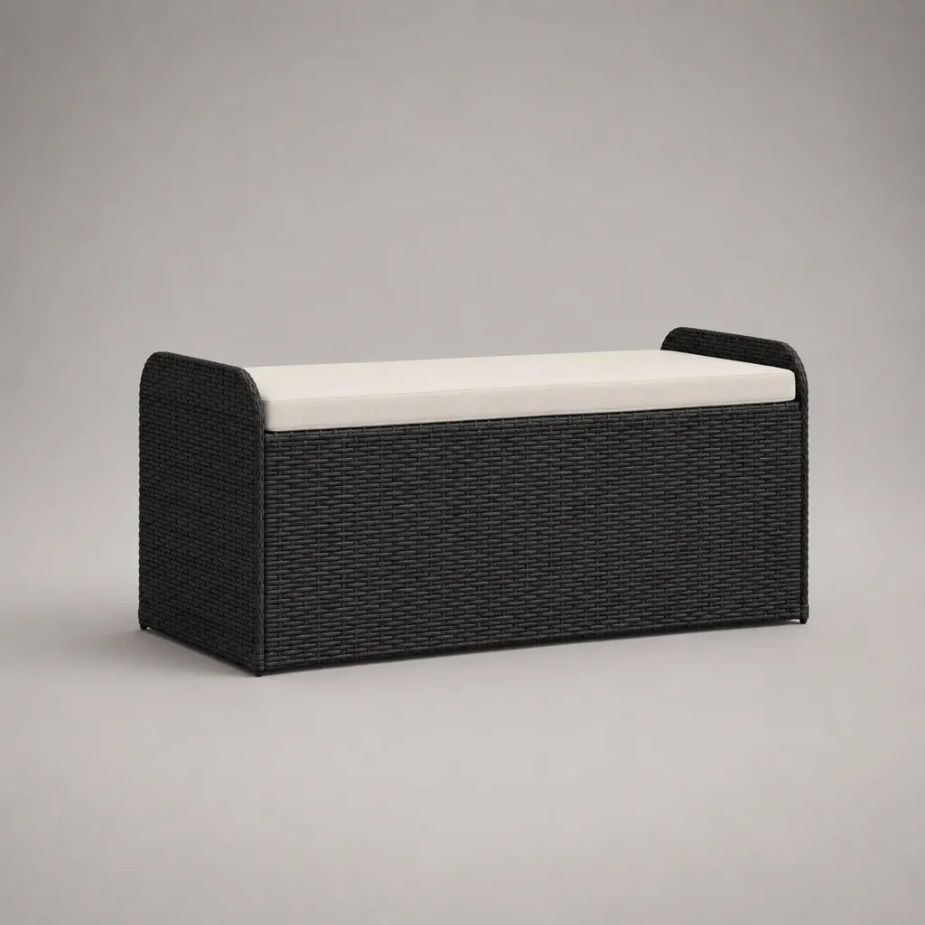 Gartenbank mit Stauraum und Sitzauflage aus PE-Rattan und pulverbeschichtetem Stahl, Schwarz/Creme, 138 × 50 × 60 cm