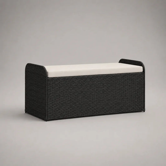 Gartenbank mit Stauraum und Sitzauflage aus PE-Rattan und pulverbeschichtetem Stahl, Schwarz/Creme, 138 × 50 × 60 cm