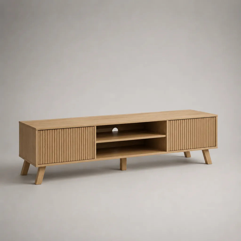 TV-Lowboard aus MDF mit Eichenfurnier, 2 Türen und 2 offenen Fächern, Eiche natur, 180 × 40 × 58 cm