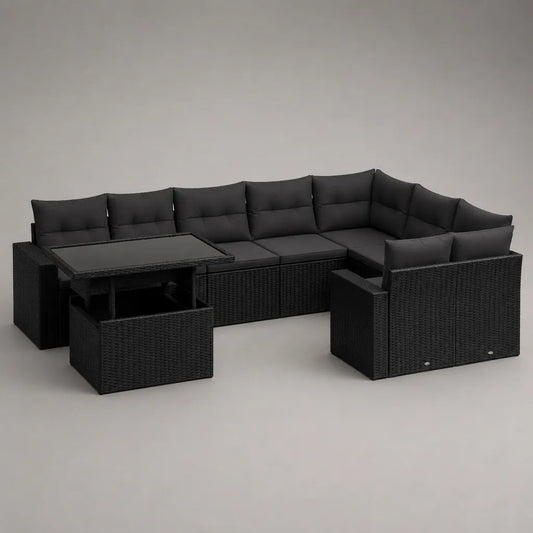 10-teilige L-förmige Garten-Sitzgruppe aus PE-Rattan mit Esstisch und 3 Hockern, Schwarz/Anthrazit, 260 x 200 x 74 cm