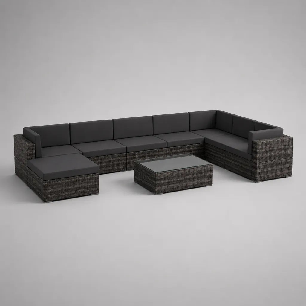 U-förmige Gartensitzgruppe aus PE-Rattan mit Tisch und Polstern, Anthrazit/Dunkelgrau, 320 × 220 × 65 cm