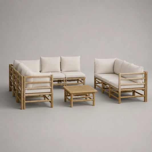 4-teiliges Gartensofa-Set aus Bambus, 5-Sitzer, Natur/Beige, Sofas 150/155 × 78 × 76 cm, Sessel 79 × 78 × 76 cm, Tisch 75 × 60 × 40 cm