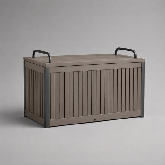 Garten-Aufbewahrungsbox für Auflagen aus massivem Akazienholz und pulverbeschichtetem Stahl, Braun/Schwarz, 120 × 50 × 60 cm
