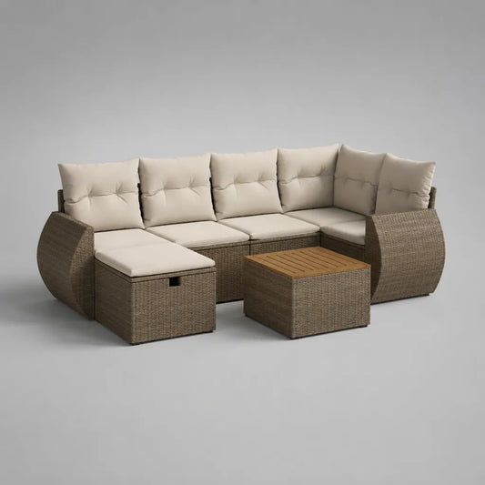 3-teiliges Gartensofa-Set aus Rattan mit Stahlgestell und Holz-Tischplatte, L-Form, Taupe/Beige/Braun, 240 x 180 x 85 cm