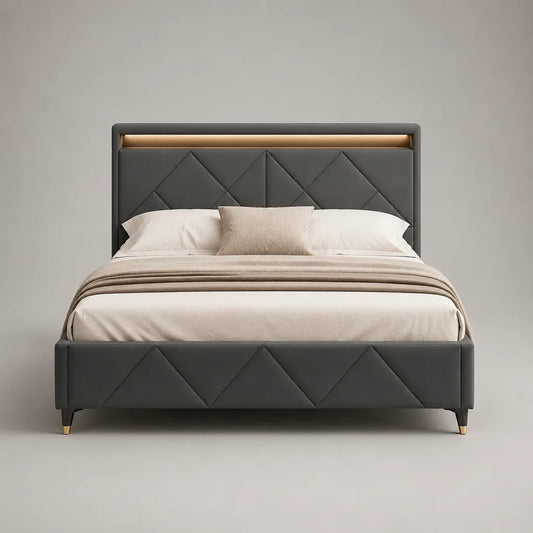 Doppelbett-Polsterbett aus PU-Kunstleder mit LED-Beleuchtung, Dunkelgrau/Goldfarben, Liegefläche 160 × 200 cm, Außenmaß 216 × 171 × 120 cm