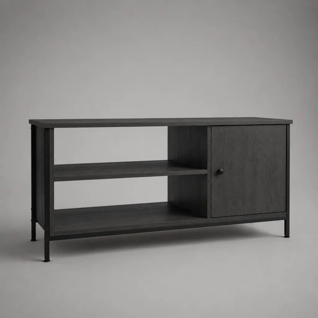 TV-Lowboard mit Tür und 2 offenen Fächern aus melaminharzbeschichteter Spanplatte und Stahl, Dunkelgrau/Schwarz, 120 × 40 × 65 cm
