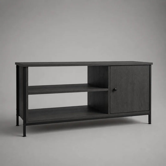 TV-Lowboard mit Tür und 2 offenen Fächern aus melaminharzbeschichteter Spanplatte und Stahl, Dunkelgrau/Schwarz, 120 × 40 × 65 cm