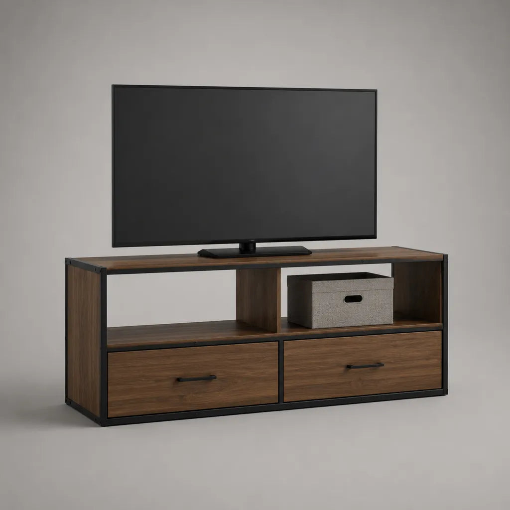 TV-Lowboard aus Spanplatte und Stahl mit 2 Schubladen und 2 offenen Fächern, Walnussbraun/Schwarz, 140 × 40 × 60 cm