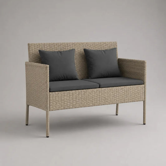 2-Sitzer-Gartenbank aus PE-Rattan und Stahl mit 2 Sitzpolstern und 2 Rückenkissen, Beige/Anthrazit, 115 × 60 × 84 cm