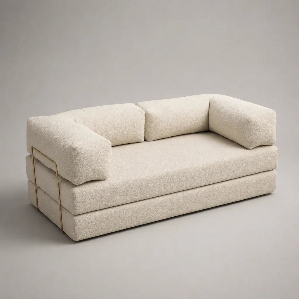 2-Sitzer-Sofa mit Armlehnen aus Bouclé-Polyester, Creme und Goldfarben, 180 × 90 × 72 cm