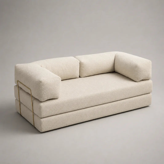 2-Sitzer-Sofa mit Armlehnen aus Bouclé-Polyester, Creme und Goldfarben, 180 × 90 × 72 cm