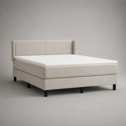 Boxspringbett mit Matratze und Topper, Polyester-Mikrofaser, Beige/Schwarz, Liegefläche 180 × 200 cm, Gesamtmaß 190 × 215 × 110 cm