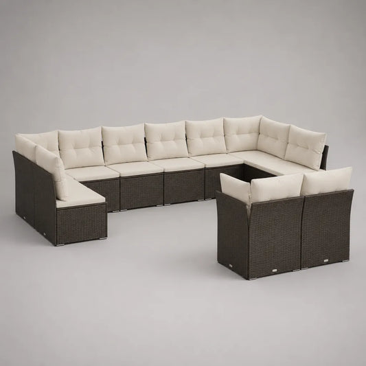10-teiliges Gartensofa-Set in U-Form aus PE-Rattan und Stahl, Braun/Creme, ca. 340 × 210 × 75 cm
