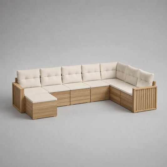 Gartensofa-Set aus massivem Akazienholz mit Polyesterkissen, U-Form, Natur/Beige, 300 × 220 × 75 cm