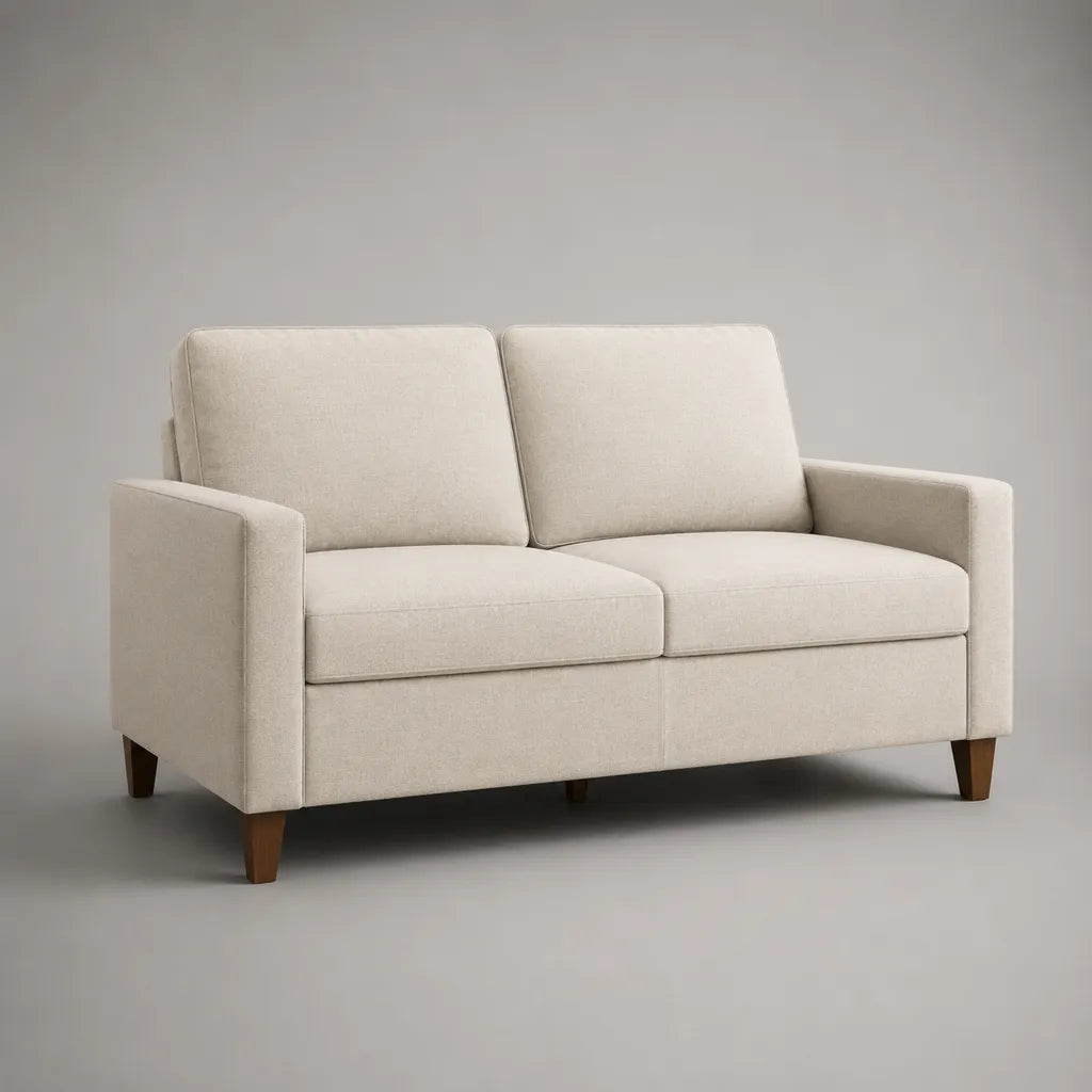 2-Sitzer-Sofa mit Polyesterbezug und Massivholzfüßen, Creme/Braun, 154 × 82 × 86 cm