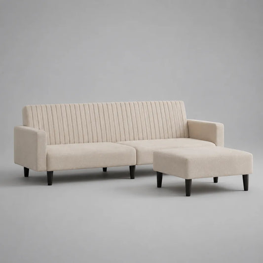 3-Sitzer-Sofa mit Hocker aus Polyester-Bouclé, Beige, Sofa 210 × 82 × 80 cm, Hocker 100 × 65 × 43 cm
