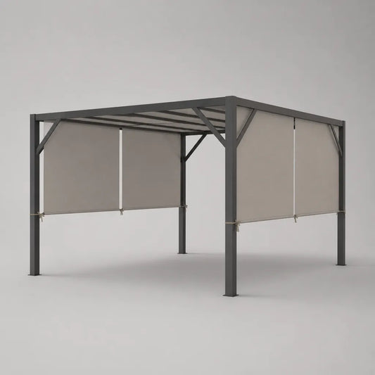 Quadratischer Gartenpavillon 300 × 300 × 250 cm mit Polycarbonatdach, Stahlrahmen und Seitenwänden, Anthrazit, Rauchgrau und Taupe