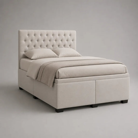 Polsterbett Doppelbett mit Knopfheftung und Polyester-Samt, Beige, Liegefläche 160 × 200 cm, Gesamtmaß 215 × 170 × 120 cm