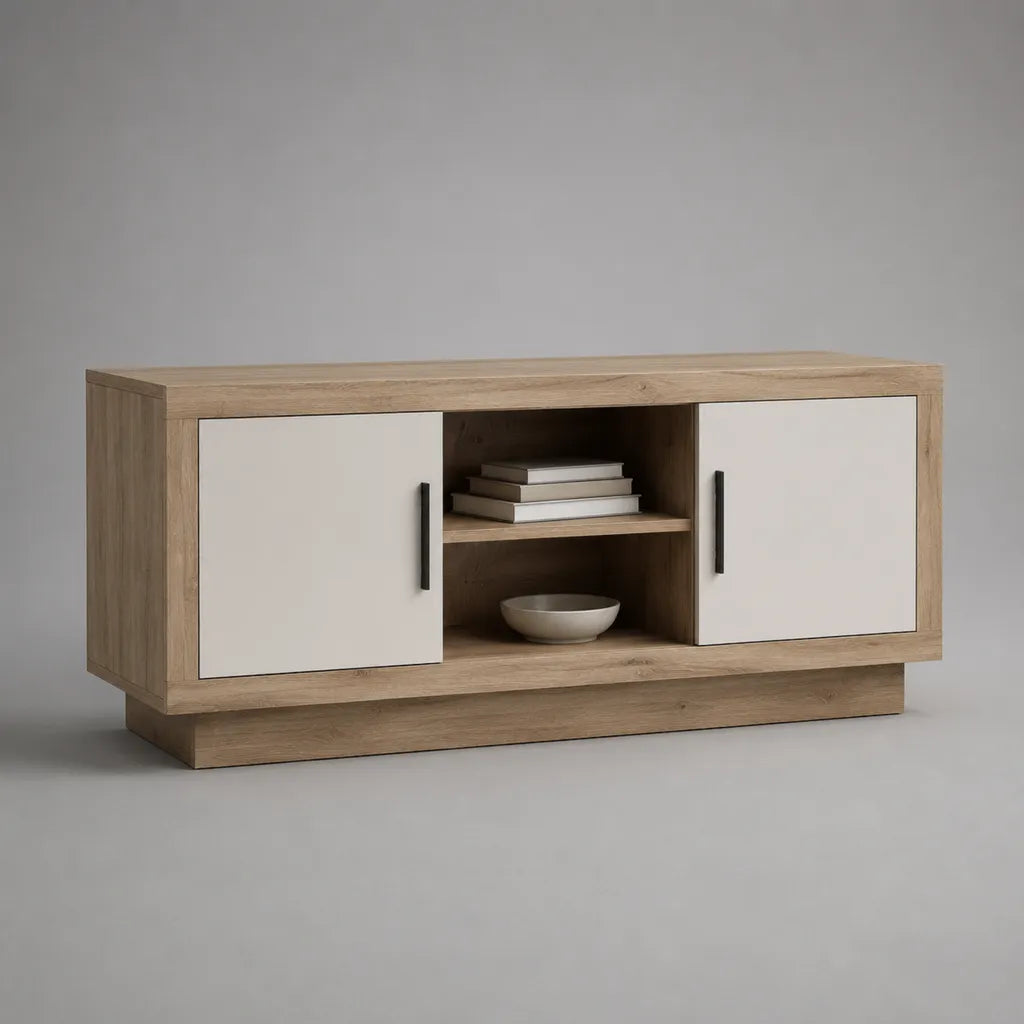 TV-Lowboard mit 2 Türen und 2 offenen Fächern aus melaminharzbeschichteter Spanplatte, eichefarben und weiß, 120 × 40 × 60 cm